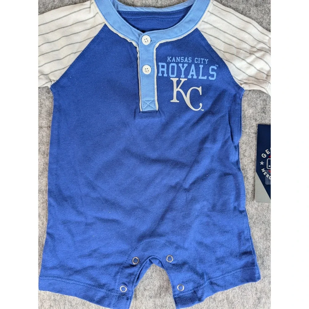MLB Kansas‎ City Royals Baby Romper Blue White Striped Henley Bodysuit NEW